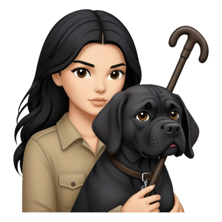 Kendall Jenner with long black hair holding a black Cane Corso dog sticker