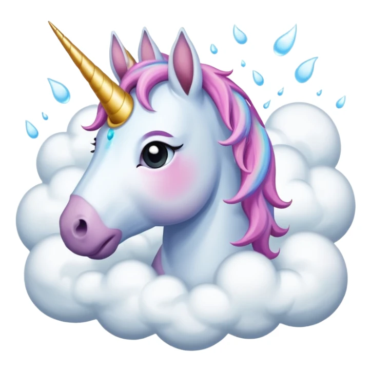 A unicorn flying through clouds, sad, cry tear from eyes, portrait, bust up sticker