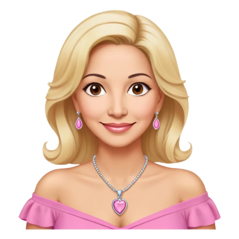Warm-hearted Linette Torres, Puerto Rican actress in her 50s with light skin, loving expression, gentle eyes, sweet smile, elegant blonde hair, wearing a pink off-shoulder blouse and a pendant necklace sticker