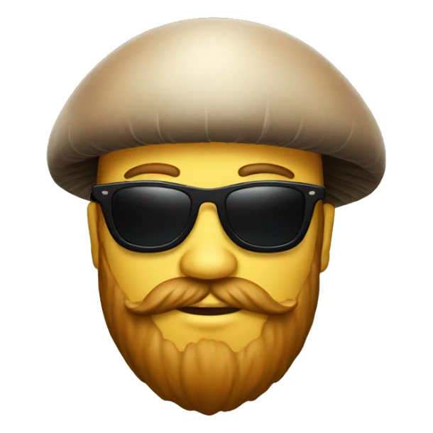 a man with a beard wearing black sunglasses with a mushroom on his head sticker