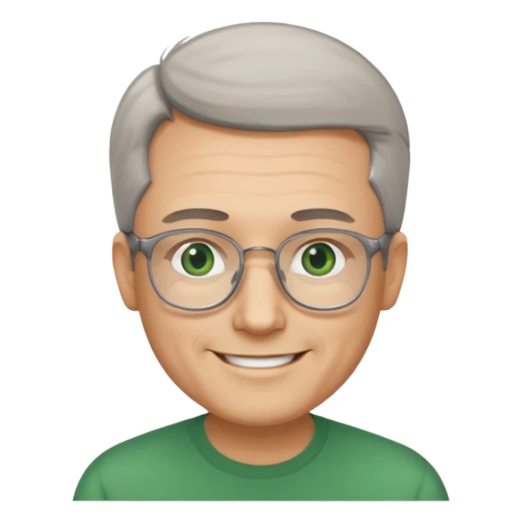 Man with receding hair, grey hair only on the sides, green eyes, rectangular reading glasses, rounded clear face, with a smile sticker