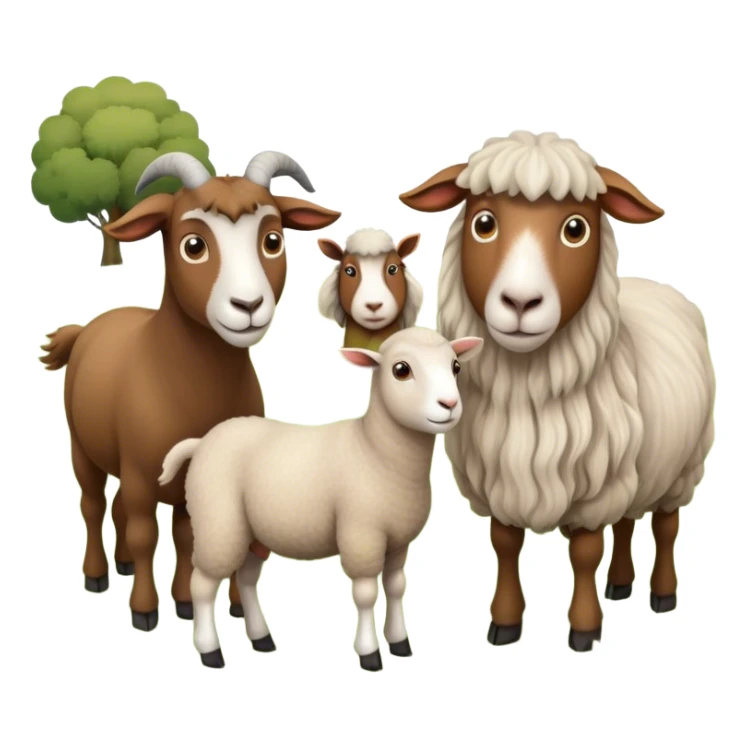 Icon for Domestic Hooved Animals: A gentle collage featuring a brown goat with large, curious eyes, a calm sheep with soft wool and a horse with a flowing mane. Background with a green pasture and a few hay bales. Transparent background. sticker