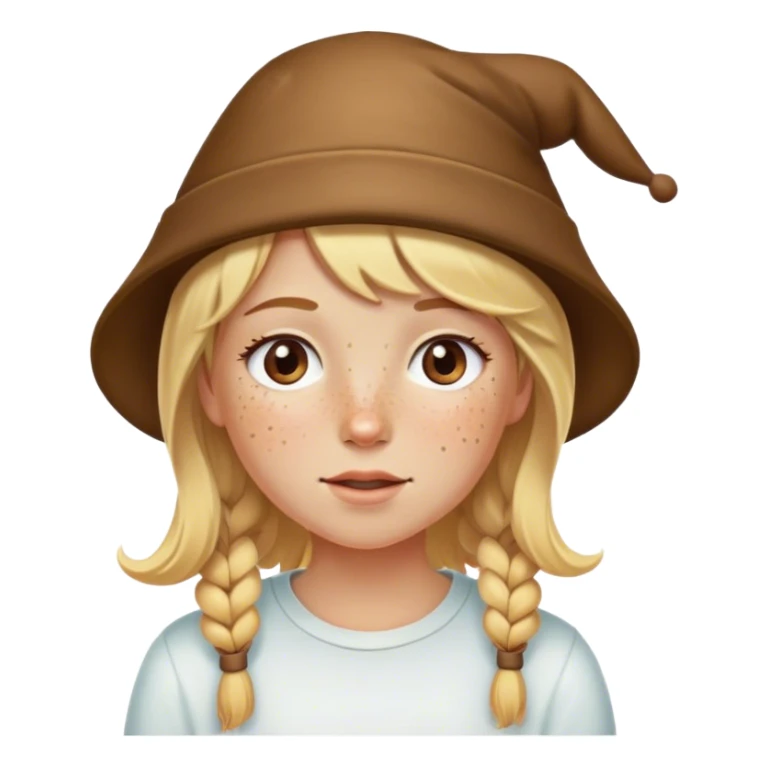 blonde girl with freckles wearing a poop hat sticker