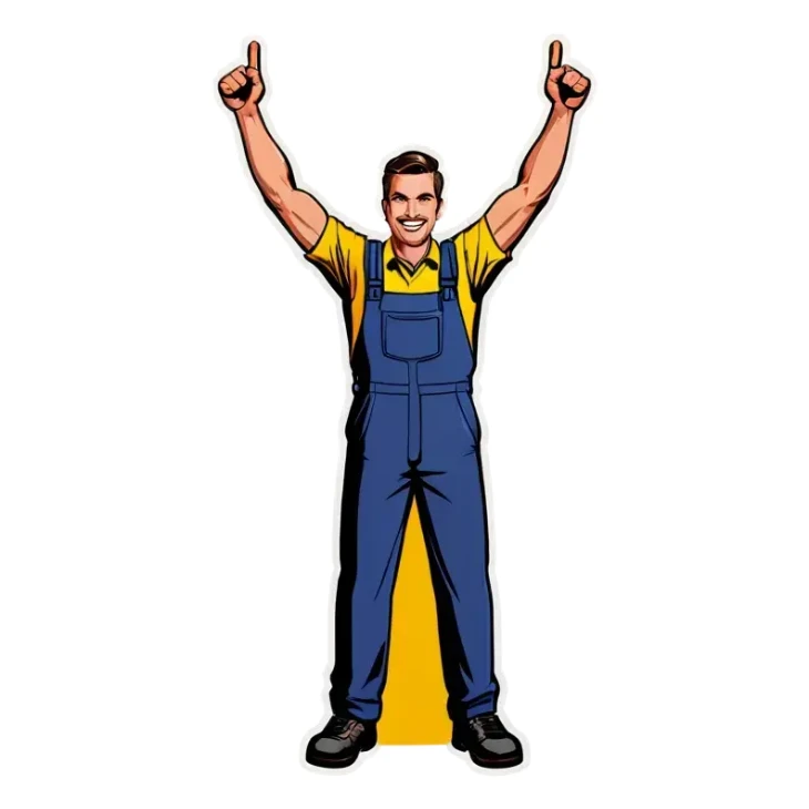 Man holding both arms in the air and holding an electrical cable sticker