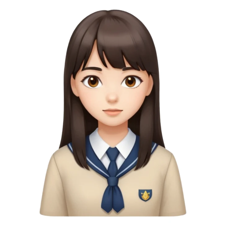 Attractive female student with long straight dark brown hair with bangs, beautiful school uniform, subtle makeup sticker