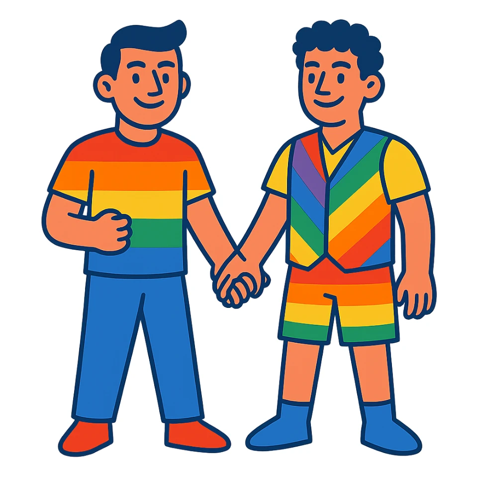 two men holding hands, rainbow clothing, smiling, confident, proud, LGBTQ+ theme sticker