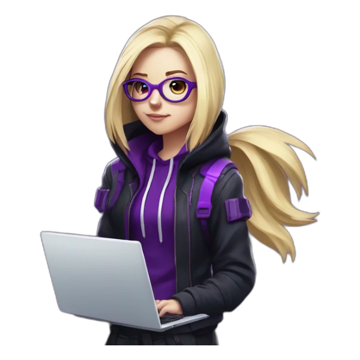 Girl blond developer with round glasses left side behind his laptop with this style: Valorant Riot Game purple character purple black hooded hacker  sticker