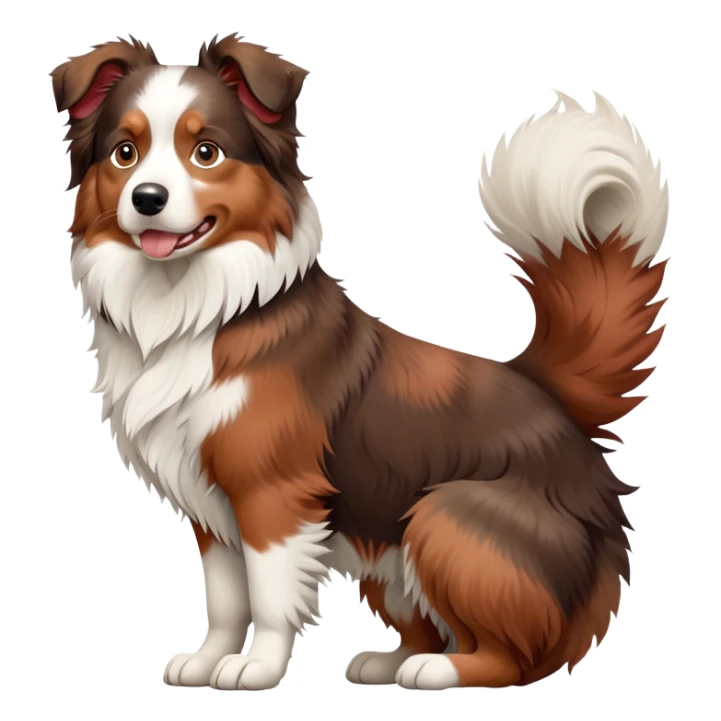 cinematic-[australian shepherd dog]-realistic-full-body-sitting-emoji,-tail-resting-loosely-beside-its-paws,-head-tilted-dramatically,-scruffy-[white faced and red merle]-fur,-simplified-yet-realistic-focused-features,-highly-detailed,-glowing-with-an-almost-sarcastic-glow sticker