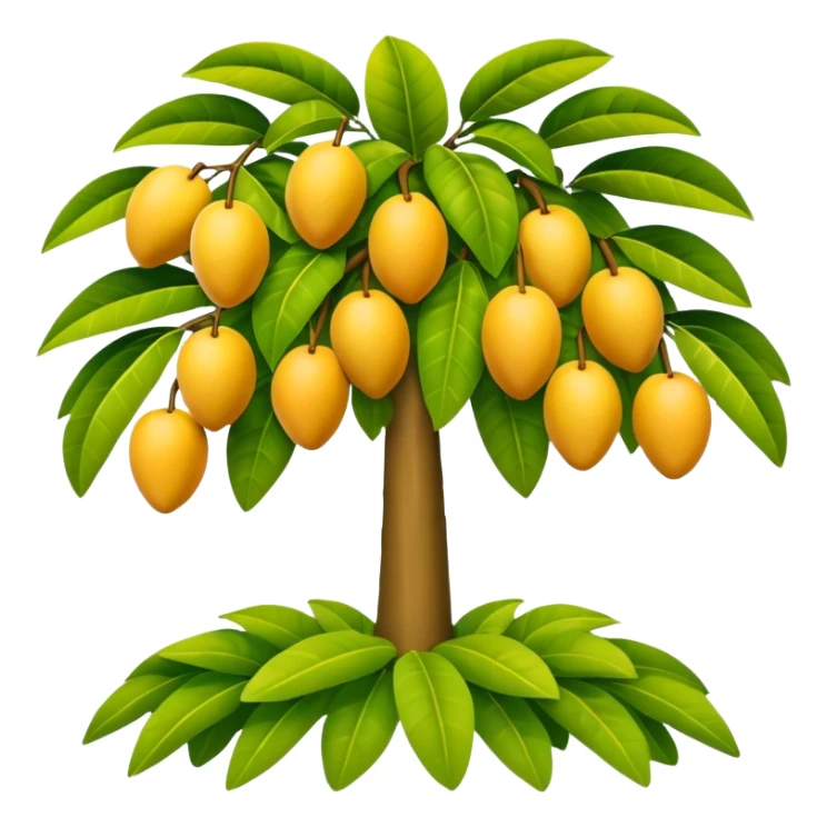 A 3D cartoon mango tree with golden-yellow mangoes visible among dense leaves, sunny atmosphere, Memoji-style rendering. sticker