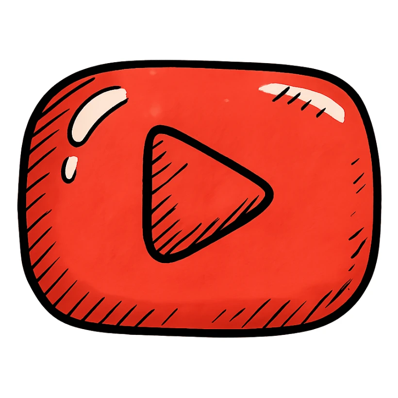 plump rounded YouTube play button logo in red, very soft puffy cartoonish shape, bold black outlines, expressive shadows, glossy highlights, no background, juicy inflated cartoon letter style sticker