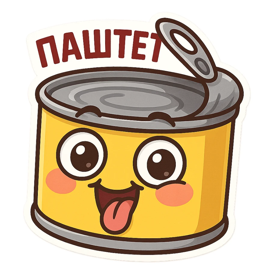 Funny pâté can character, smiling face with big eyes, goofy expression, cartoon style, chubby cute proportions, bright colors, playful illustration, meme-like vibe, text on top "ПАСТЕТ" in Cyrillic, bold and readable sticker