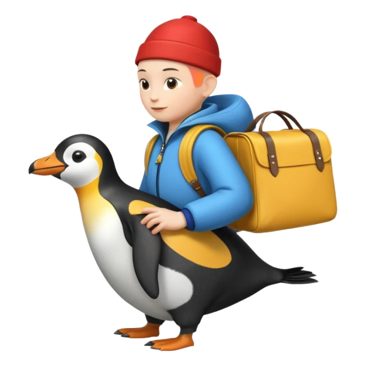 Una persona, vestida con ropa característica de peru sin pelo montado a espaldas de un pingüino con una bolsa de la empresa de reparto glovo en la espalda sticker
