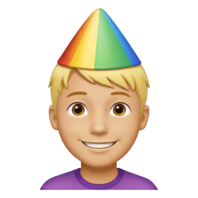 Young man, short yellow hair, rainbow birthday hat, happy sticker