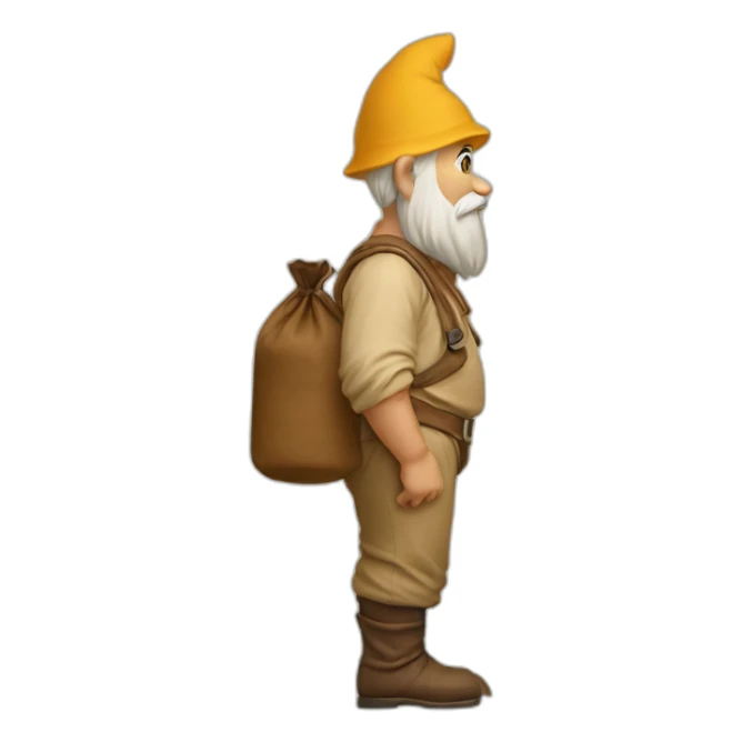 side view of gnome with light tan pants squatting on top of small brown bag sticker