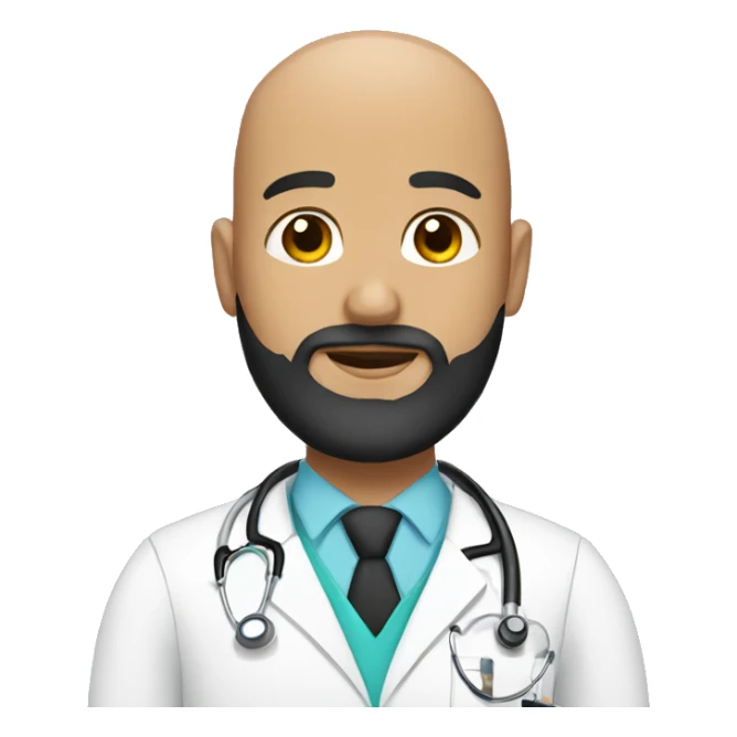 Bald male doctor with black beard and a crown sticker