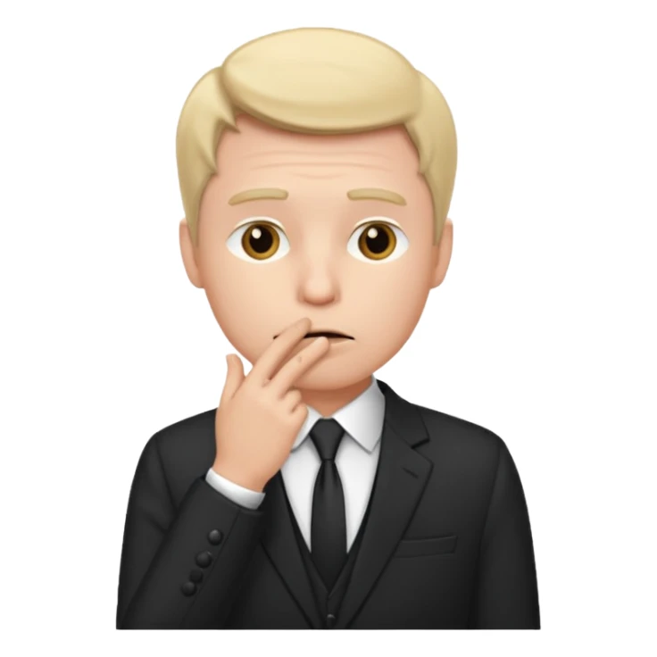 white man in formal suit thinking, hand on mouth sticker