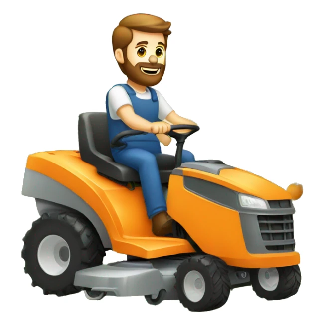 A white man with brown hair and a beard pushing an orange mower sticker