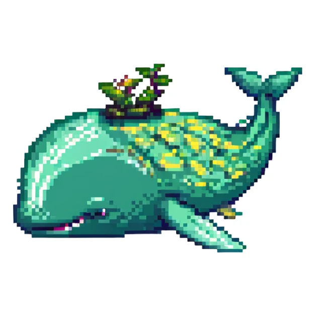 Magic whale, pixel art style, green and yellow colors sticker