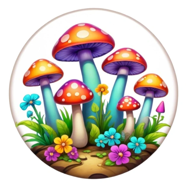 A round psychedelic colored button with beveled edges and colorful hippie style mushrooms sticker
