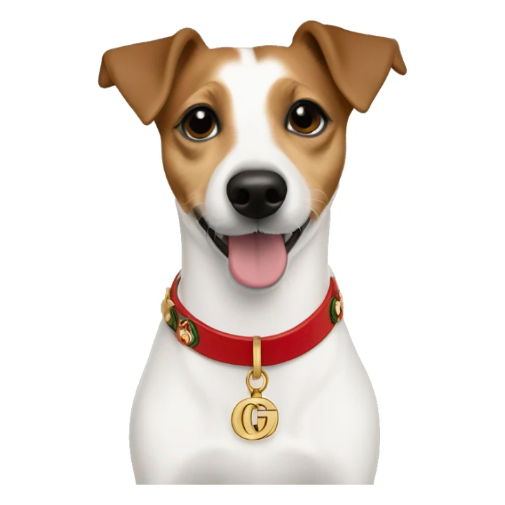 one year old jack russell terrier light brown wearing gucci gold green and red GG sticker