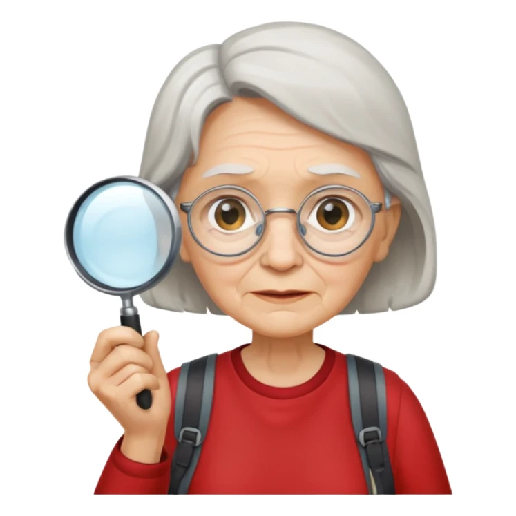 Explorer old woman with red shirt backpack and magnifying glass sticker