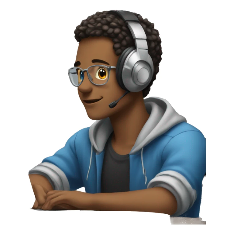 young men sitting in front of a computer with headphones on sticker