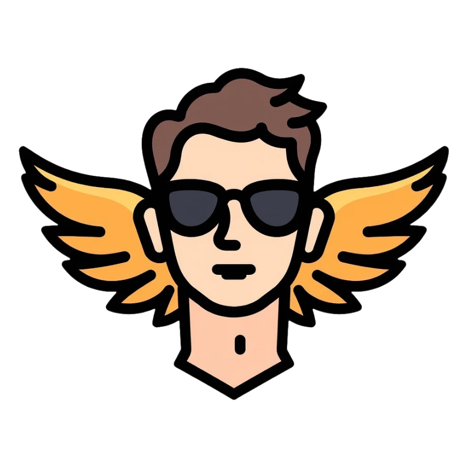 short-haired man with black sunglasses and wings sticker