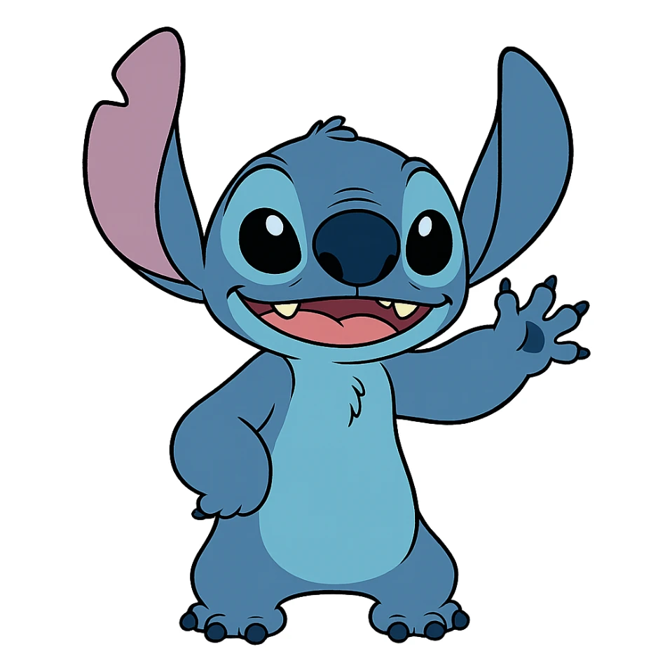 Stitch, waving, friendly, blue fur, Disney style sticker