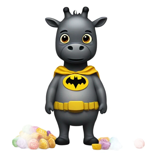 An out of shape and fat rainbow Batman that is a giraffe is hiding assorted candy  sticker
