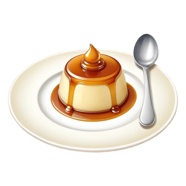 Cute Japanese style pudding with glossy caramel top, on a white plate with a silver spoon, checkered tablecloth background sticker
