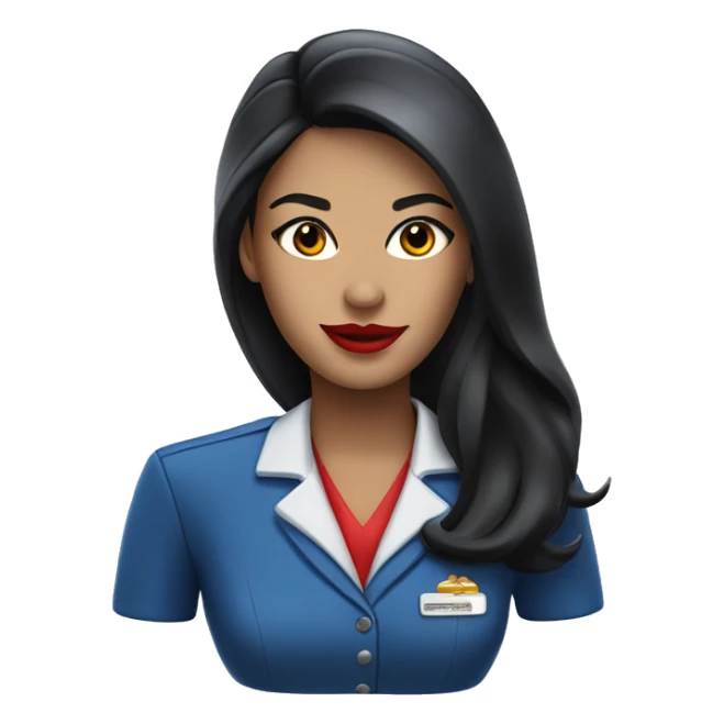 Flight attendant with long black hair, red lips and a blue uniform sticker