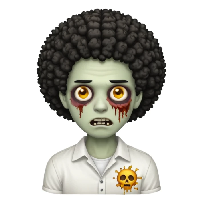 Make a image of a zombie with a curly temp fade Afro  make it like a emoticon not as scary make hair black and with a white shirt on sticker