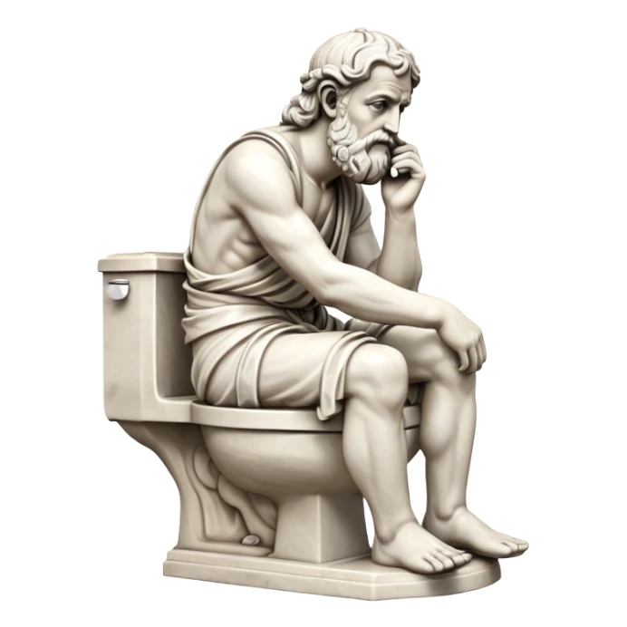 an antique statue of a philosopher sitting on a toilet. sticker