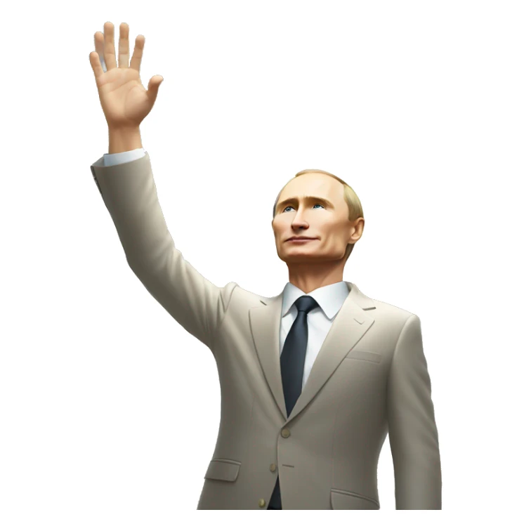 Putin stands with his right hand raised towards the sun sticker