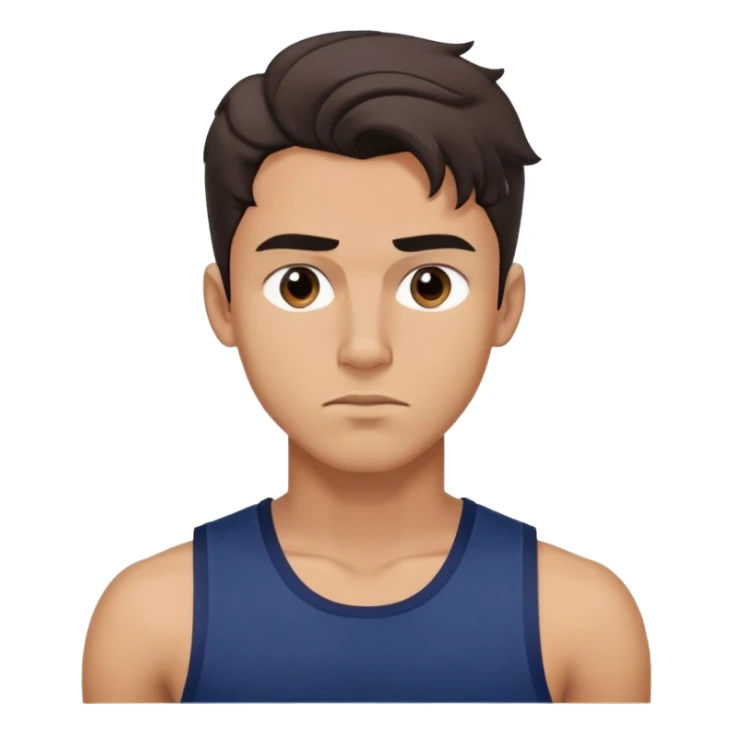 Athletic young man with light brown skin, elongated face, defined jawline, medium dark eyes, arched eyebrows, straight nose, concentrated expression, medium wavy dark hair with messy style, wearing a navy blue tank top sticker