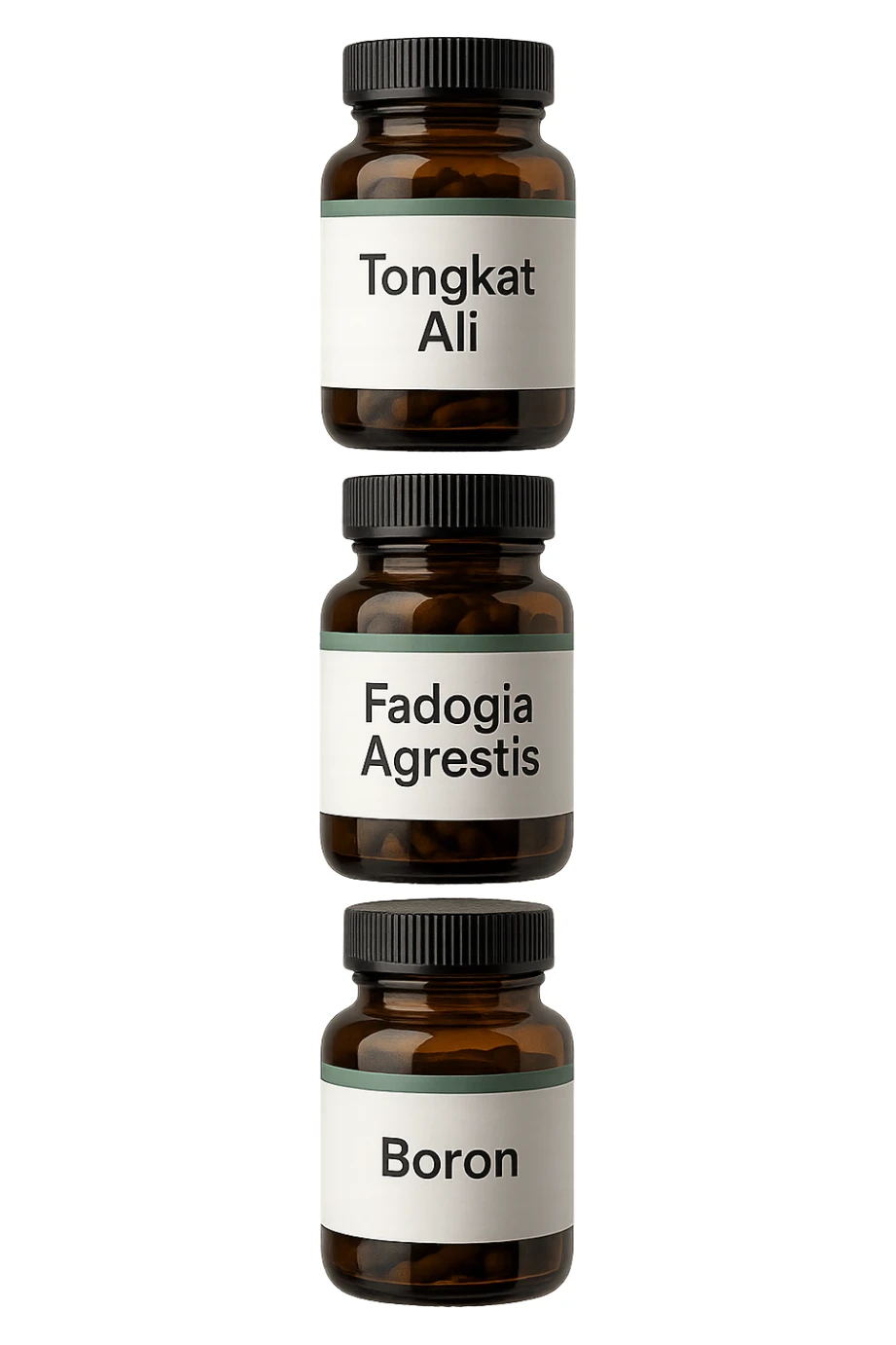 4 boccette di integratore: Tongkat Ali, Fadogia Agrestis, Boron e Zinco fluttuano in aria verticalmente sticker