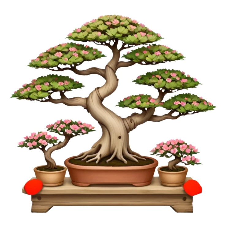 Wide Three tiered bonsai planters stand, shelving nine maple specimens and several smaller azaleas, frame made of one inch thick driftwood sticker