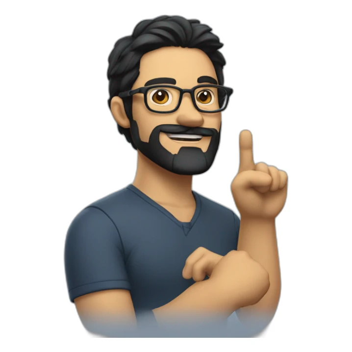 Handsome man with black hair and beard and glasses points his fingers to the number 4 sticker