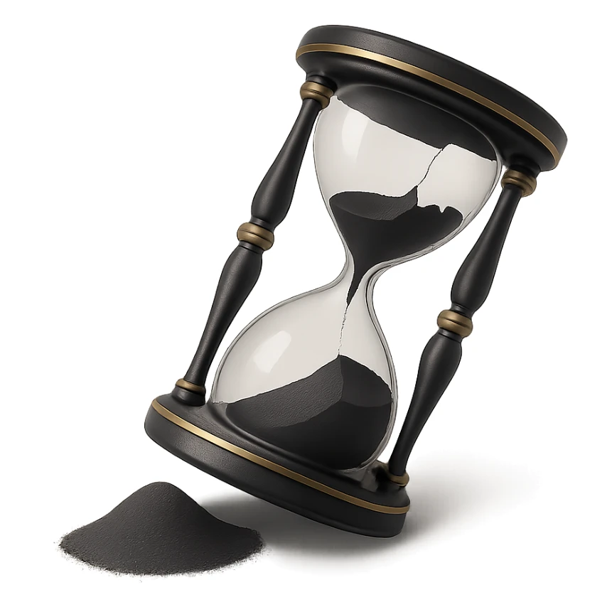 a broken hourglass with spilled sand in 3D black style sticker