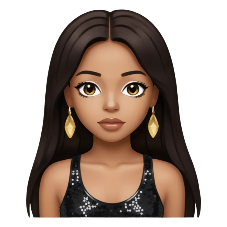 Aaliyah with long dark brown hair, sequin black crop top sticker