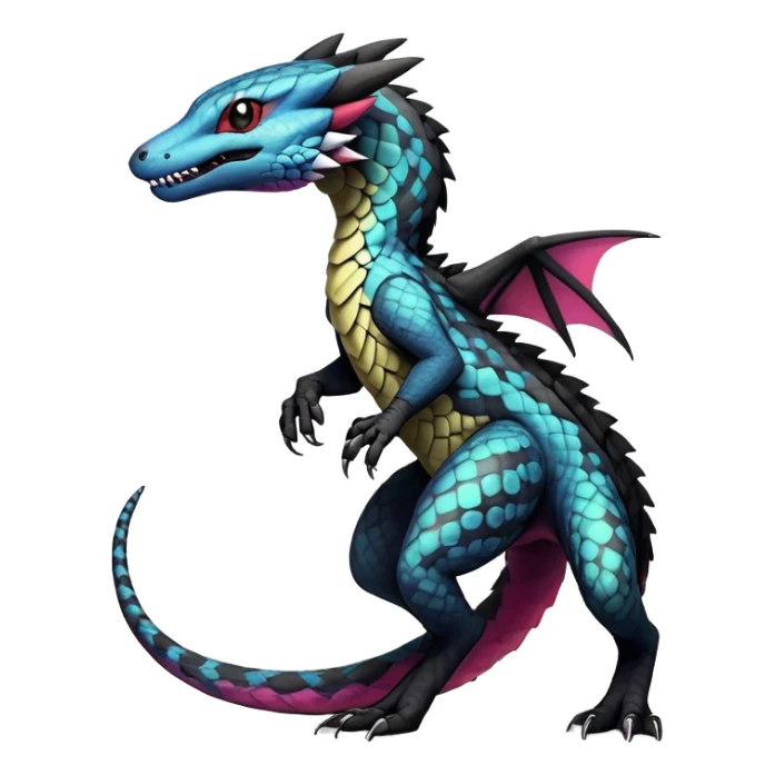 Rare realistic exotic edgy gothic cool badass epic pretty beautiful handsome gorgeous aesthetic colorful vibrant Vernid-Trico-species-Fakemon-Salandit-Heliolisk-hybrid-creature by LiLaiRa, 4 legs, 1 tail, random markings, (full body) sticker