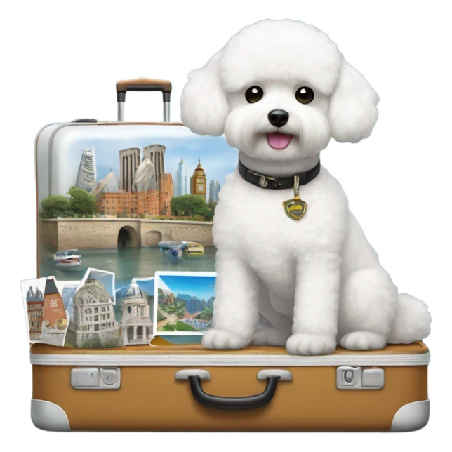 ABichon Frise standing next to a suitcase filled with iconic places stickers on the suitcase  sticker
