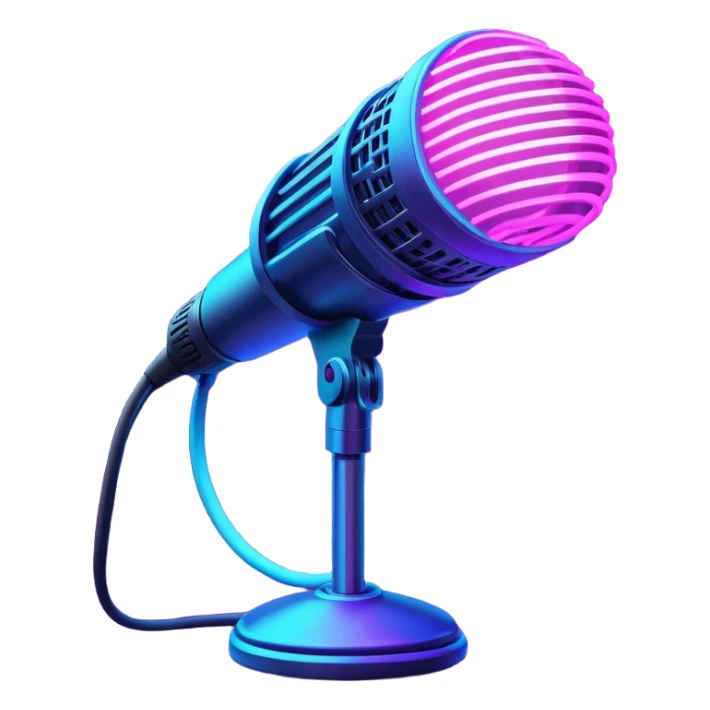 desktop studio microphone in profile view with neon glow effect, blue and purple neon glow on top left, pink neon glow on bottom right sticker