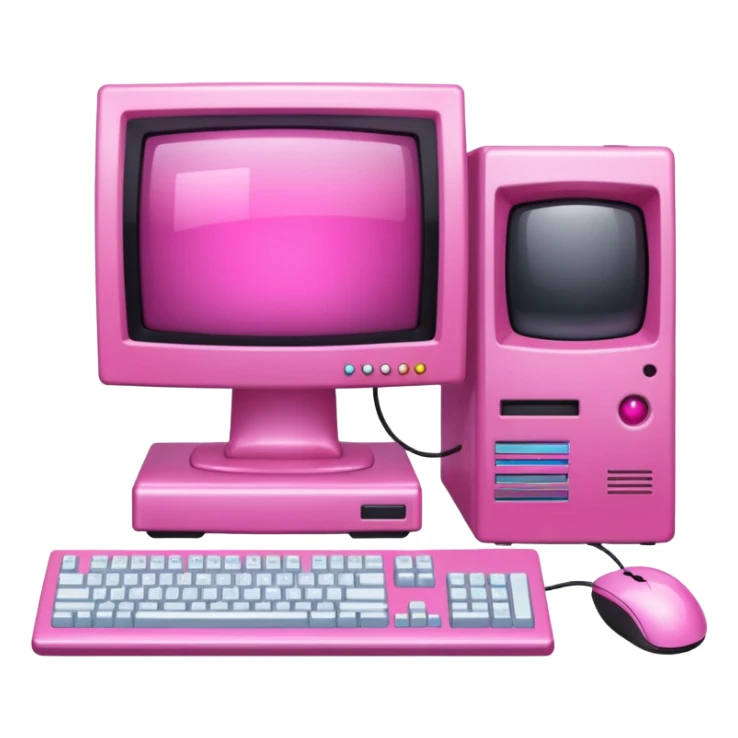 shiny pink transparent sparkly 90s computer with CRT monitor, keyboard, PC tower, mouse sticker