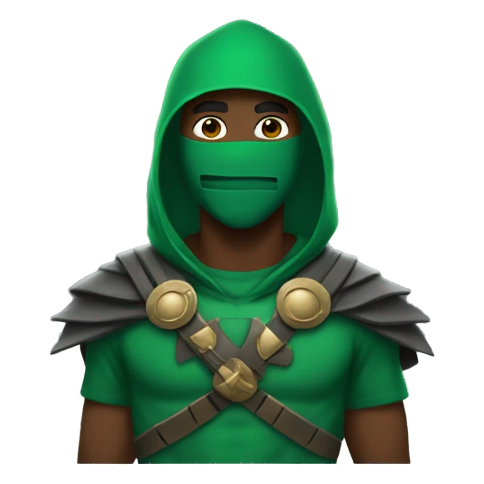 a black male with a green hoodie and maximus gladiator mask sticker
