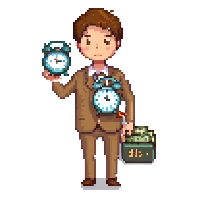 A man with short brown hair holding an alarm clock and money sticker