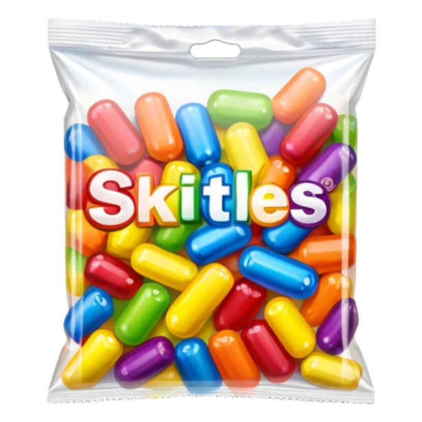 A Skittles candy package completely wrapped in clear packing tape, shiny reflective surface, rainbow colored bag under tape sticker