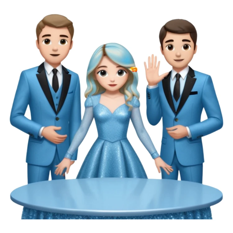 Sabrina carpenter in a light blue sparkly dress at a table with 3 handsome men, and she is standing up reaching over  sticker