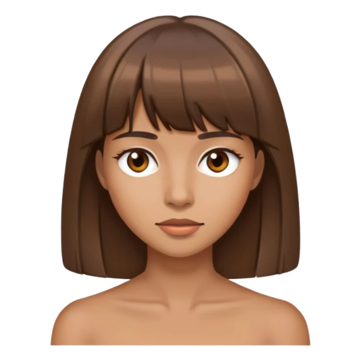 She has a medium tan complexion, straight brown hair that's longer than her shoulders , and she has bangs framing her face. sticker