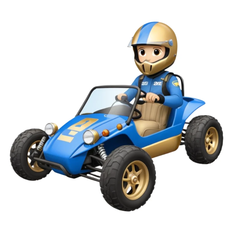 A small blue and gold dune buggy featuring a driver in a motorcycle helmet, with the word "BAJA" displayed on the side panel. sticker